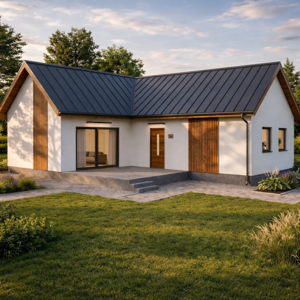 Modern L-shaped house in green landscape
