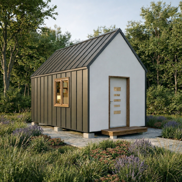 Modern cabin in lush greenery